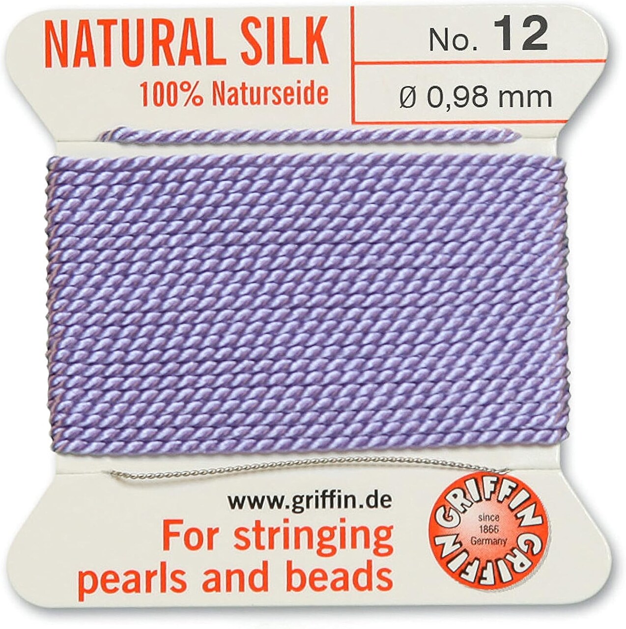 Griffin Silk Bead Cord Perlseide – Size 12 (0.98mm) – 2 Meters per Card – Stainless Steel Needle Attached – for Knotting Pearls, Gemstones, Crystals and Beads